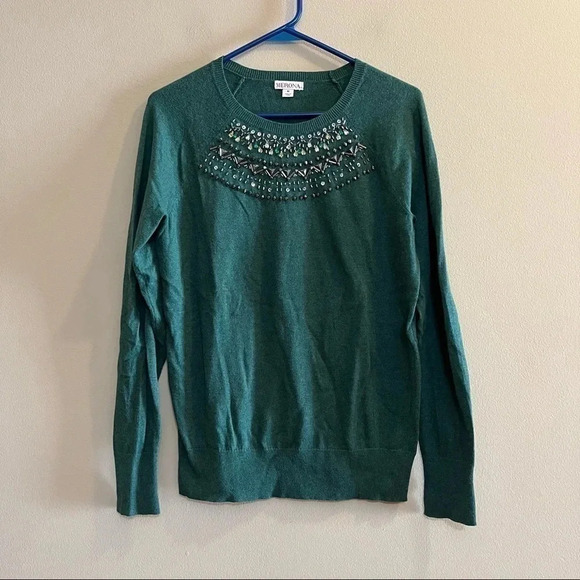Merona Womens Green Beaded Long Sleeve Round Neck Pullover Sweater Size Medium - Picture 1 of 7